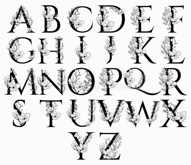 L'alfabeto floreale disegnato a mano di vettore segna i monogrammi con lettere