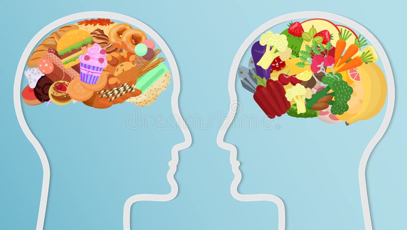 L'alimento del unhealth e di salute mangia in cervello Concetto sano choice di stile di vita di dieta della siluetta della testa