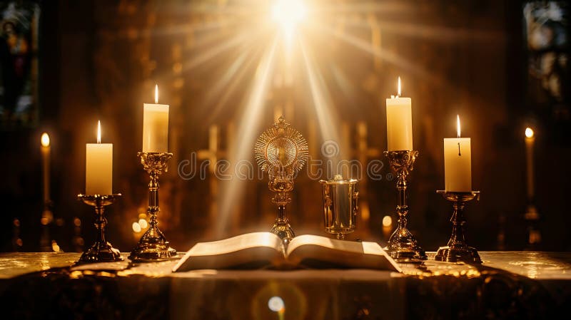L'altare del Papa simbolico, con il calice di tiara dorato e il libro del Vangelo tra due candele accese sotto la luce celeste fotografia stock