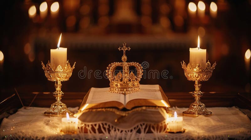 L'altare del Papa simbolico, con il calice di tiara dorato e il libro del Vangelo tra due candele accese sotto la luce celeste fotografie stock libere da diritti