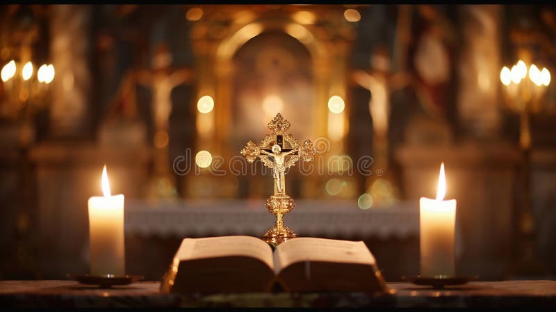 L'altare del Papa simbolico, con il calice di tiara dorato e il libro del Vangelo tra due candele accese sotto la luce celeste fotografia stock