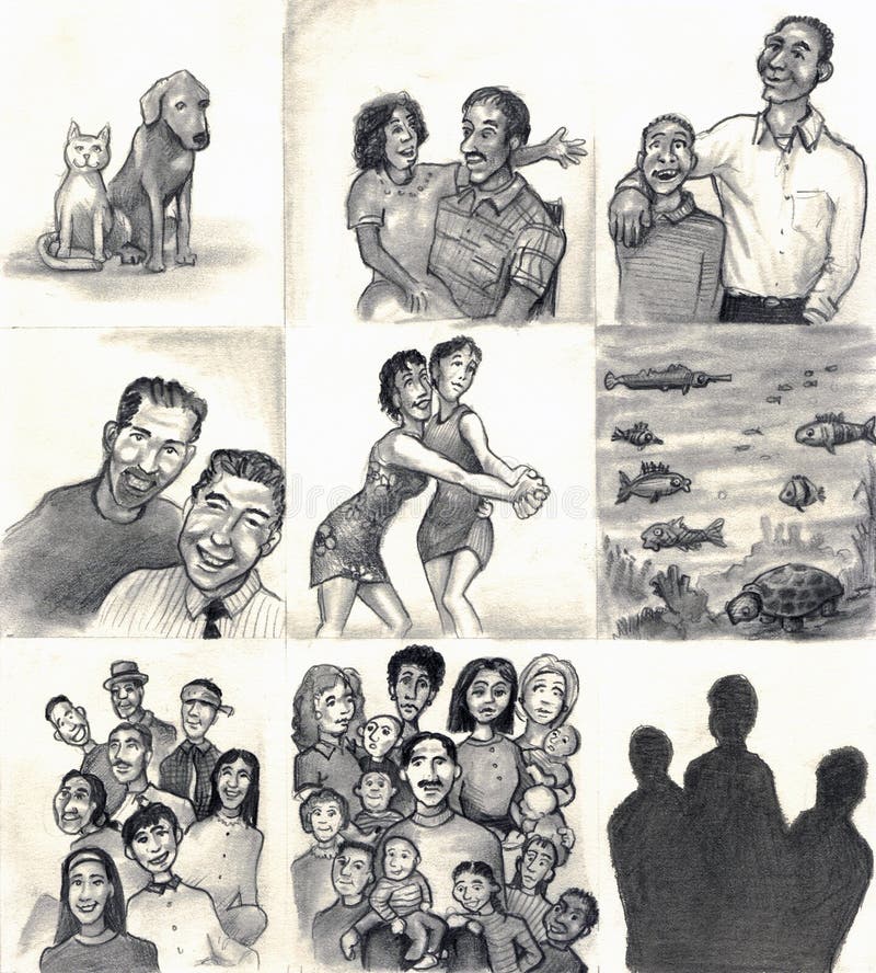 Multiple panels of families and friends on one page. Dog and cat. Daughter and step-father. Son and Dad. Gay couple. Two lesbians dancing. School of fish and other sea life. Large latin family. Group of mixed race, multiethnic families. Three darkened silhouette humans. Multiple panels of families and friends on one page. Dog and cat. Daughter and step-father. Son and Dad. Gay couple. Two lesbians dancing. School of fish and other sea life. Large latin family. Group of mixed race, multiethnic families. Three darkened silhouette humans.