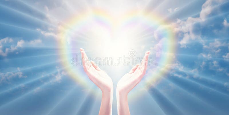 Hands holding the sun, against blue sky with clouds.  Bright white light energy, bursting sun rays and rainbow heart. Magical love healing energy, dreams, wish, blessing, miracle, divine love concept. Hands holding the sun, against blue sky with clouds.  Bright white light energy, bursting sun rays and rainbow heart. Magical love healing energy, dreams, wish, blessing, miracle, divine love concept.