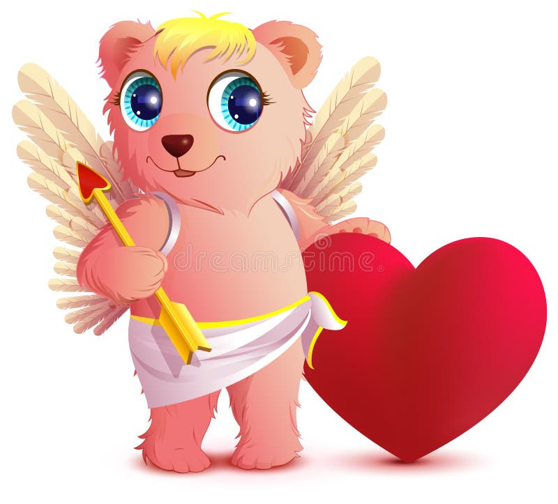 L'ange rose d'ours avec des ailes tient le coeur et la flèche Le Day illustration stock L'ange rose d'ours avec des ailes tient le coeur et la flèche Le Day illustration stock