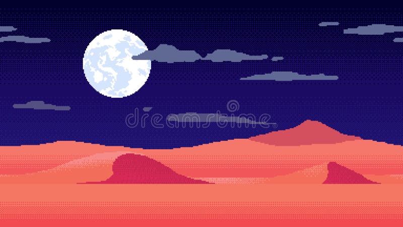 L'animation d'art Pixel du paysage du désert de sable la nuit. Retro cartoon 8 bits jeu vidéo niveau arcade avec lune de sable et clips vidéos