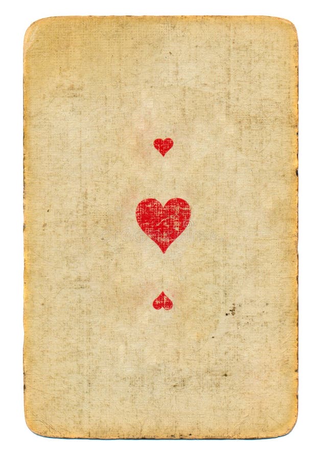 L'antiquité a employé jouer l'as de carte du fond de papier de coeurs avec trois symboles photo libre de droits L'antiquité a employé jouer l'as de carte du fond de papier de coeurs avec trois symboles photo libre de droits