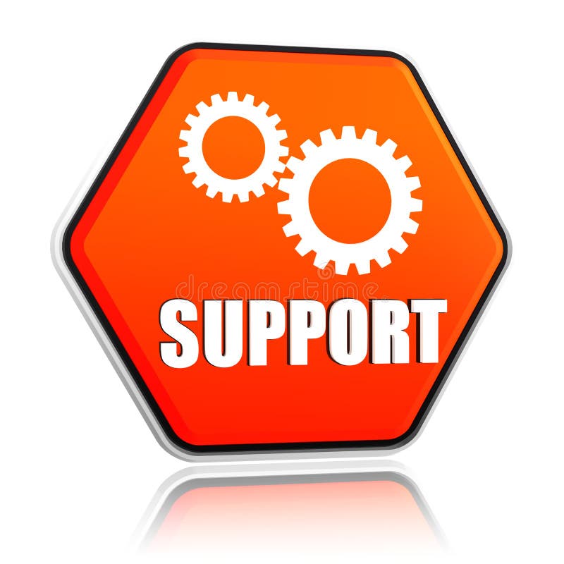 Support and gears sign - 3d orange hexagon button with text and symbol. Support and gears sign - 3d orange hexagon button with text and symbol