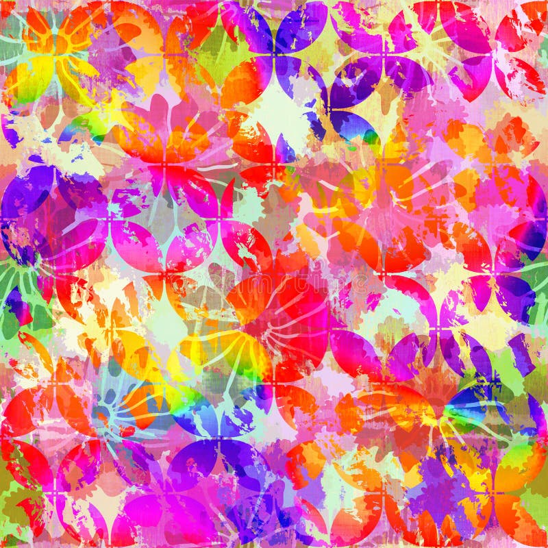 Seamless vibrant rainbow painted flower texture. Bold primary color artistic floral bloom background. Washed imperfect brush stroke pattern. Funky colorful camo abstract. Fun grunge art all over. Seamless vibrant rainbow painted flower texture. Bold primary color artistic floral bloom background. Washed imperfect brush stroke pattern. Funky colorful camo abstract. Fun grunge art all over.