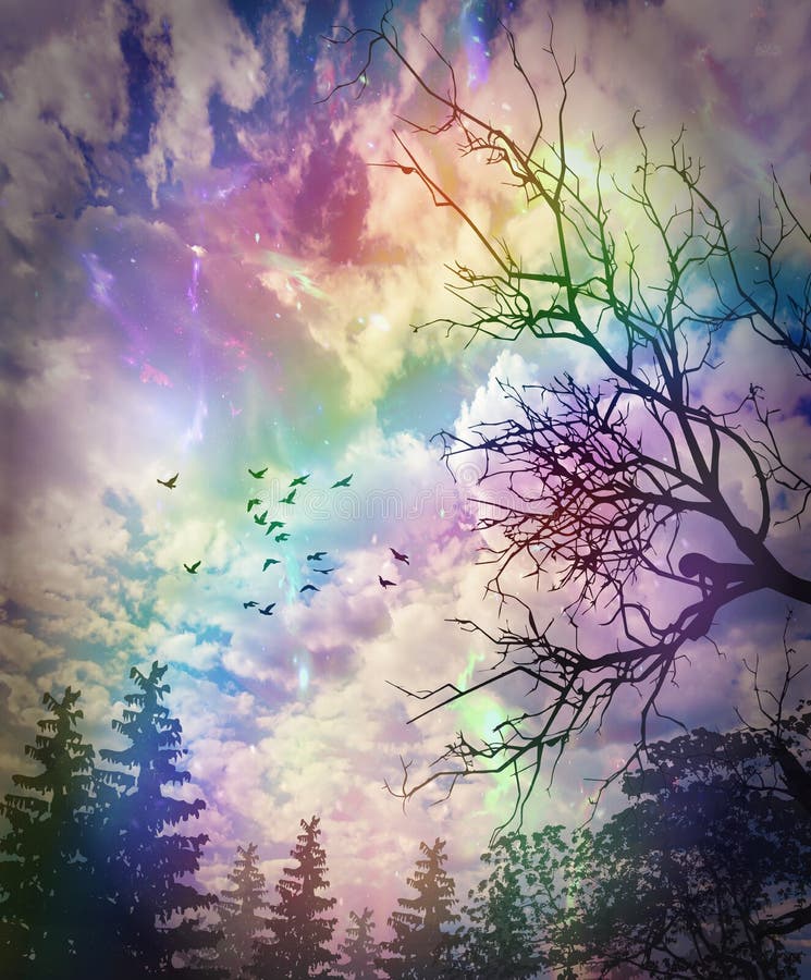 L'arcobaleno sul cielo sulle nuvole chiude i sogni auguri