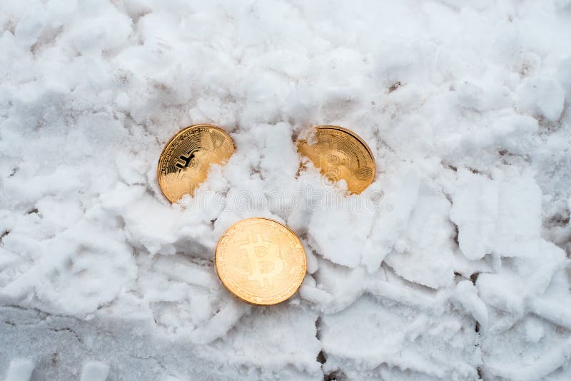 L'argent perdu Les pièces de monnaie de Copprito du bitcoin d'or se trouvent sur la neige Personne n'a eu besoin En hiver sur la image libre de droits L'argent perdu Les pièces de monnaie de Copprito du bitcoin d'or se trouvent sur la neige Personne n'a eu besoin En hiver sur la image libre de droits