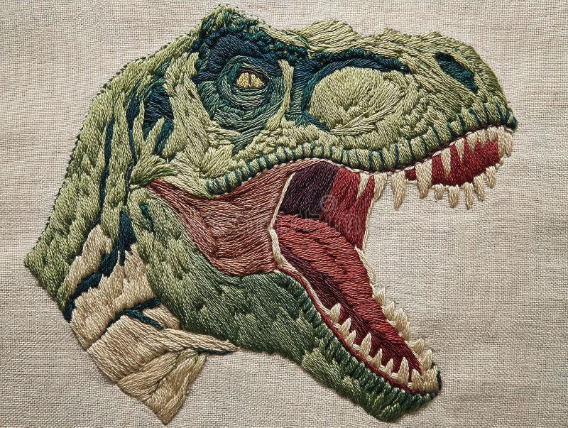 L'arte di ricamo di una testa di dinosauro verde con bocca aperta sulla trama di tessuto beige illustrazione vettoriale