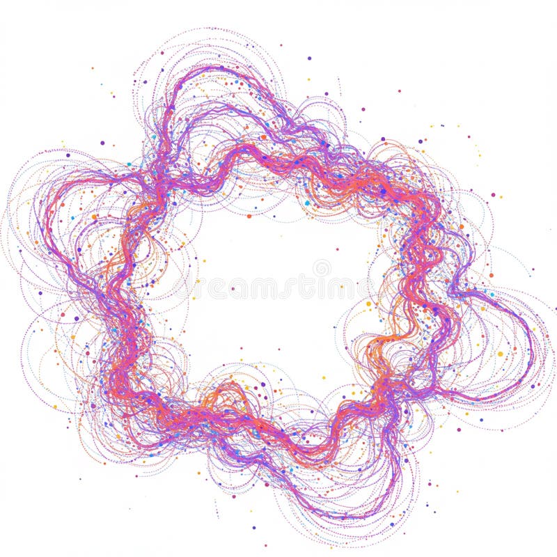 L'arte digitale astratta colorata presenta un design angolare di linee e punti. Tratti di colore rosa e arancione prevalentemente viola interspago per formare una struttura intricata con pattern circolari e loop che creano un aspetto dinamico ed energico. La composizione assomiglia a una corona vibrante caotica con il centro aperto e vuoto. Per aggiungere profondità e trama, l'immagine utilizza diverse dimensioni di linea e punti. Sembra essere generato da un computer che presenta una complessità all'interno della semplicità della sua forma d'arte digitale.