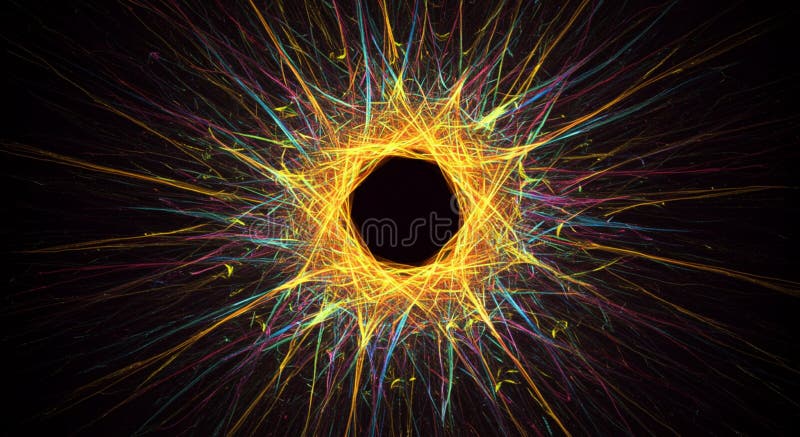 L'arte digitale astratta presenta un esagono centrale nero circondato da vibranti illustrazione di stock