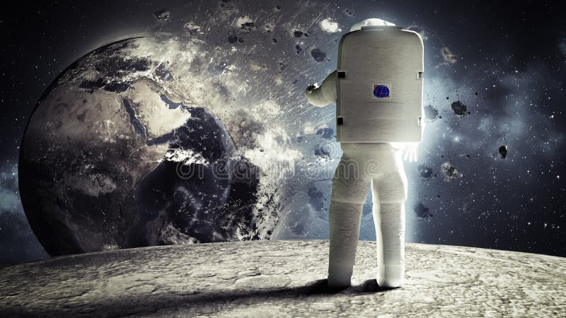 L'astronaute regarde la terre des solides totaux d'Elemen de lune de cet ima image stock L'astronaute regarde la terre des solides totaux d'Elemen de lune de cet ima image stock
