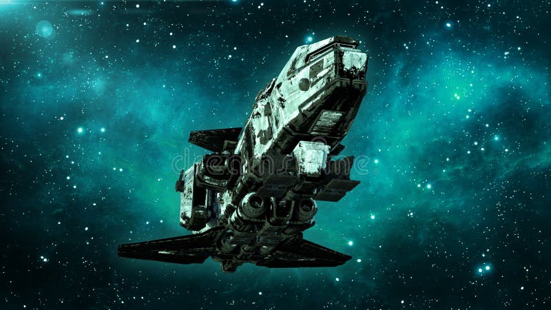 L'astronave straniera vecchia nello spazio profondo, volo sporco del veicolo spaziale nell'universo con le stelle nel fondo, la v royalty illustrazione gratis L'astronave straniera vecchia nello spazio profondo, volo sporco del veicolo spaziale nell'universo con le stelle nel fondo, la v royalty illustrazione gratis