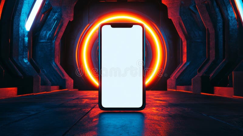 L'atmosfera di gioco futuristica vista frontale di uno smartphone con schermo bianco e retroilluminazione arancione illustrazione di stock
