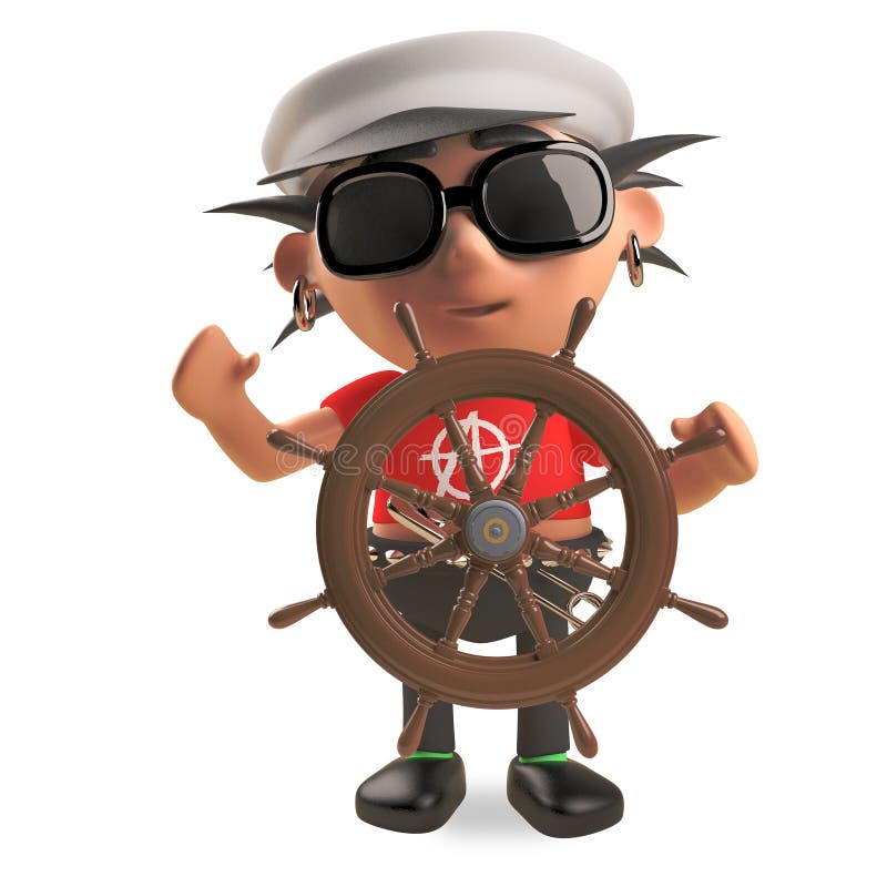 L'attuatore punk di capitano del marinaio con i capelli di spikey traversa la sua nave con un volante, l'illustrazione 3d royalty illustrazione gratis L'attuatore punk di capitano del marinaio con i capelli di spikey traversa la sua nave con un volante, l'illustrazione 3d royalty illustrazione gratis