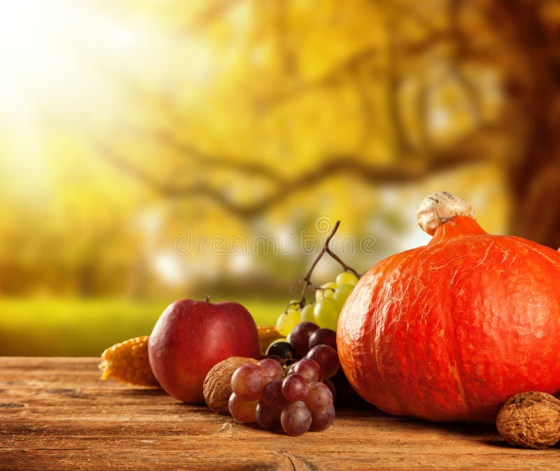 L'autunno ha raccolto la frutta e la verdura su legno fotografia stock L'autunno ha raccolto la frutta e la verdura su legno fotografia stock
