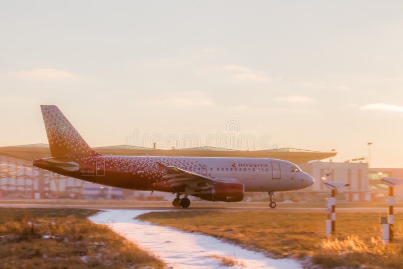 The plane of the airline Russia. Airplane at the airport. Public transport. Passenger transportation. Official autumn spotting at Pulkovo November 28, 2018, Russia St. Petersburg. The plane of the airline Russia. Airplane at the airport. Public transport. Passenger transportation. Official autumn spotting at Pulkovo November 28, 2018, Russia St. Petersburg