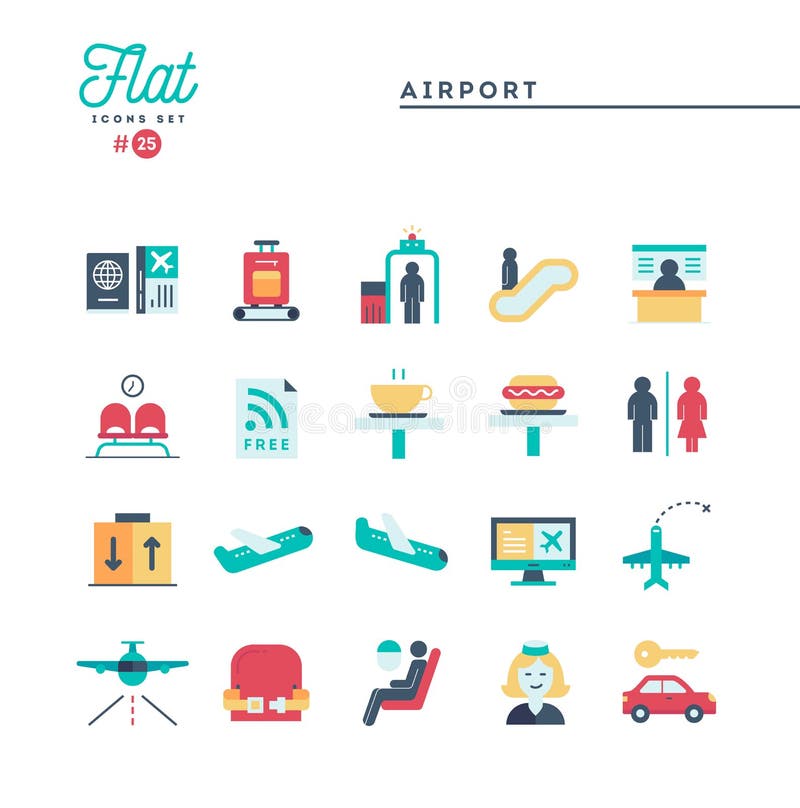 L'aéroport, balayage de bagage, vol, louent une voiture et plus, ico plat illustration stock L'aéroport, balayage de bagage, vol, louent une voiture et plus, ico plat illustration stock