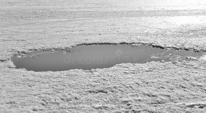 Ice with hole. at sunny spring day. Black and white. Ice with hole. at sunny spring day. Black and white