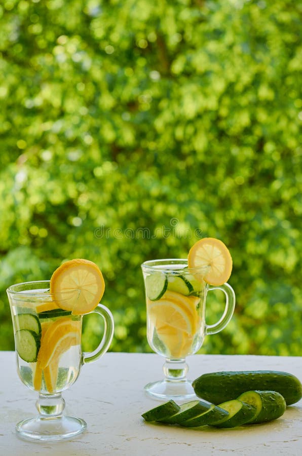 L'eau de citron en deux verres avec des tranches de glace et de concombre sur le fond brouillé de nature Cocktails de froid d'été images libres de droits L'eau de citron en deux verres avec des tranches de glace et de concombre sur le fond brouillé de nature Cocktails de froid d'été images libres de droits