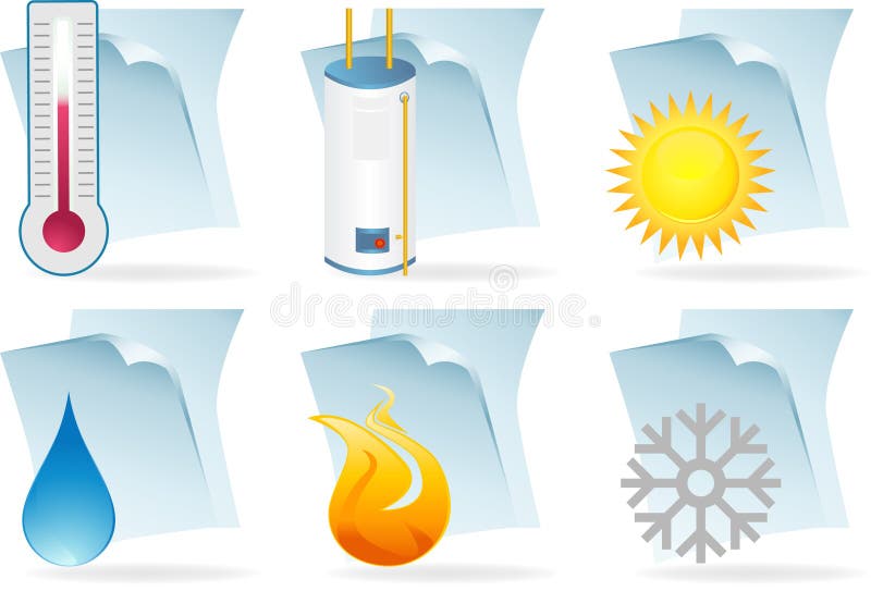 Set of six water heater related document themed icons. Set of six water heater related document themed icons.