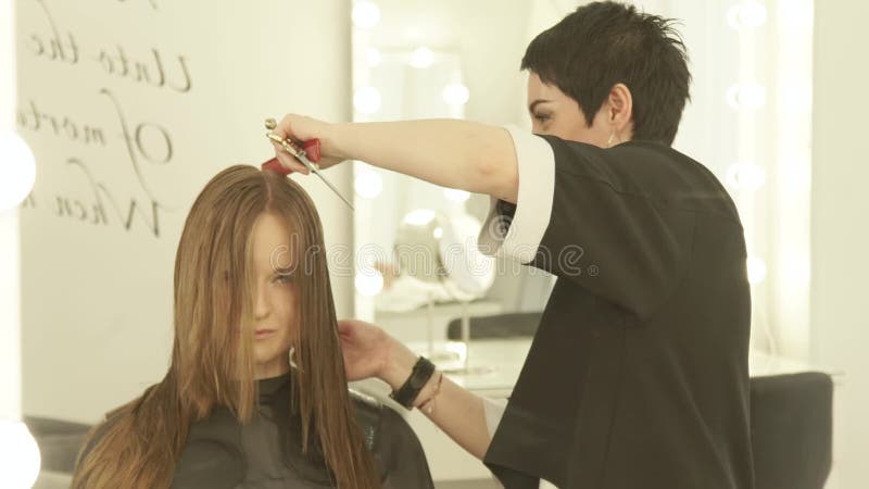 L'eau de pulvérisation de coiffeur féminin sur des cheveux pendant la coupe dans le salon de coiffure Fermez-vous vers le haut du banque de vidéos