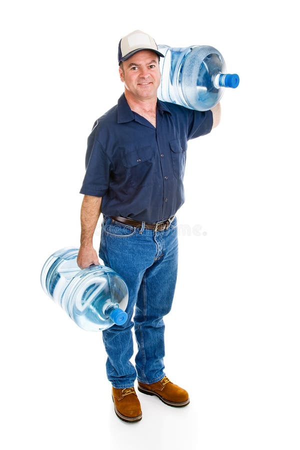 Strong delivery man carrying two five gallon water bottles. Full Body isolated on white. Strong delivery man carrying two five gallon water bottles. Full Body isolated on white.