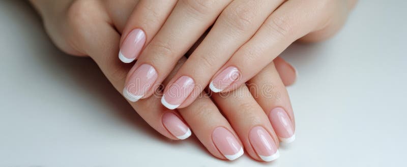 L'elegante manicure francese che mostra lumini e unghie lucide. Immagine generata dall'AI fotografie stock