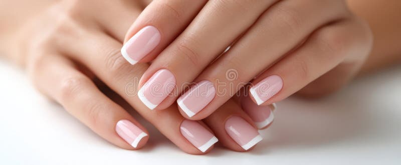 L'elegante manicure francese mostra una perfetta immagine rosa con chiodi rosaAI immagine stock