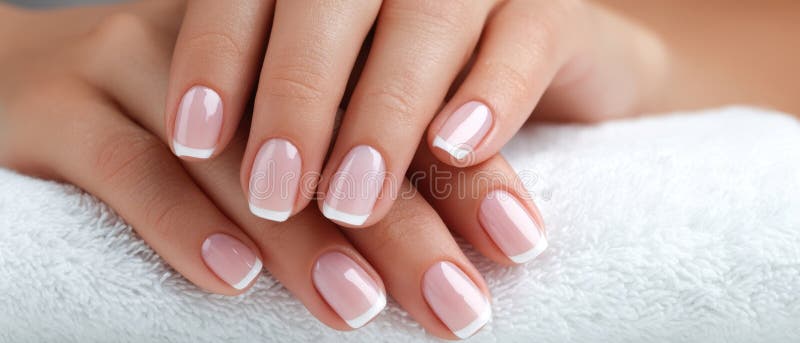 L'elegante manicure francese sulle mani meravigliosamente manicure poggiate su un asciugamano. Immagine generata dall'AI fotografia stock libera da diritti