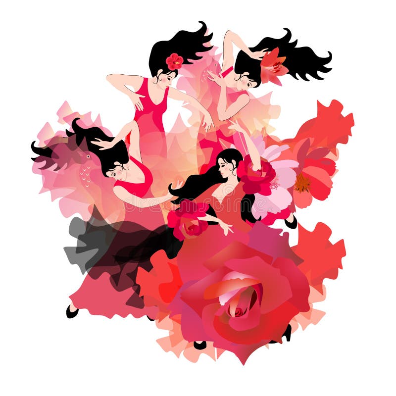 L'elemento di fuoco Quattro bei ballerini spagnoli vestiti in vestiti rossi che ballano flamenco Composizione di lusso illustrazione vettoriale L'elemento di fuoco Quattro bei ballerini spagnoli vestiti in vestiti rossi che ballano flamenco Composizione di lusso illustrazione vettoriale