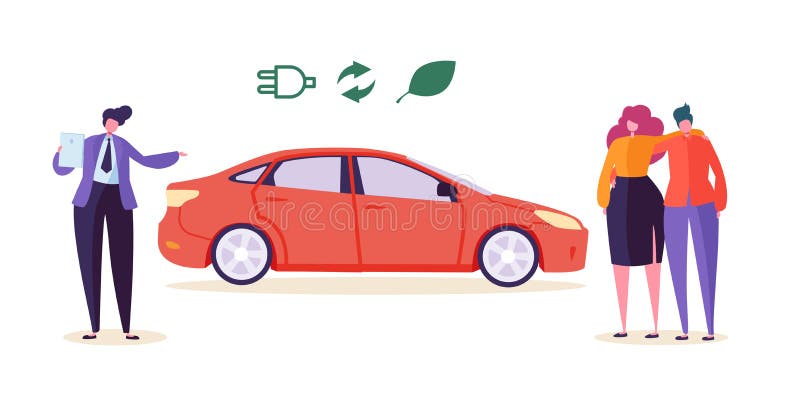 L'elettro venditore dell'automobile di Eco vende l'inquinamento amichevole dell'ambiente del veicolo di trasporto delle coppie de illustrazione di stock L'elettro venditore dell'automobile di Eco vende l'inquinamento amichevole dell'ambiente del veicolo di trasporto delle coppie de illustrazione di stock