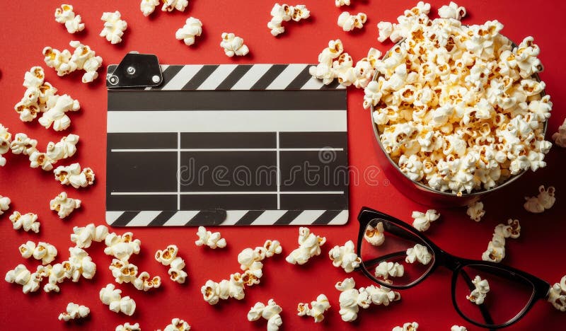 L'emozione per la prima di un film è evidente con un tavolo a strisce con scatole di formaggio e popcorn caramellati fotografie stock libere da diritti