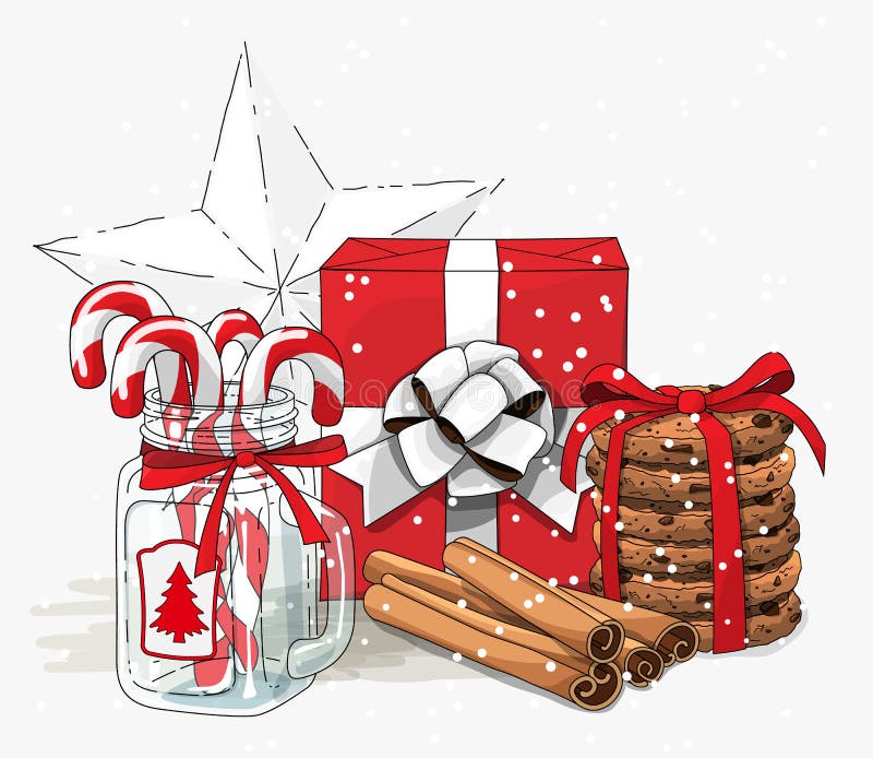 Christmas still-life, red gift box wit white ribbon, cookies, glass jar with candy canes and cinnamon sticks on white background, vector illustration, eps 10 wit transparency. Christmas still-life, red gift box wit white ribbon, cookies, glass jar with candy canes and cinnamon sticks on white background, vector illustration, eps 10 wit transparency