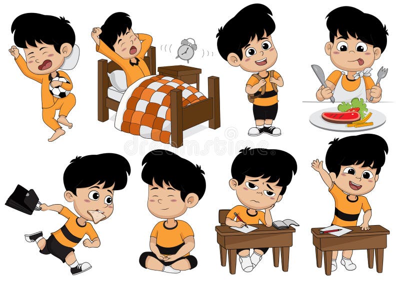 Set of kid activity, kid wake up, sleep, eat, go to school, learning, meditating. Vector and illustration. Set of kid activity, kid wake up, sleep, eat, go to school, learning, meditating. Vector and illustration.