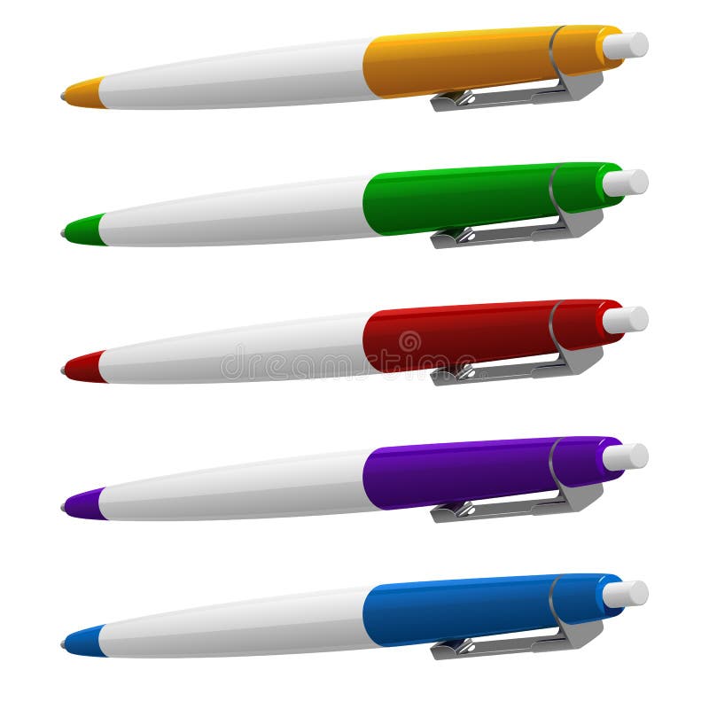 L'ensemble de cinq a coloré des stylos bille avec des boutons et des agrafes en métal illustration de vecteur L'ensemble de cinq a coloré des stylos bille avec des boutons et des agrafes en métal illustration de vecteur