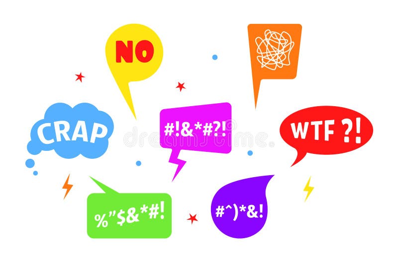 Color set of swear speech bubble. drawing stickers bad emotions, disappointment, denial, confused thoughts, indignation. elements for comic book. pop art style. modern signs on white background. Color set of swear speech bubble. drawing stickers bad emotions, disappointment, denial, confused thoughts, indignation. elements for comic book. pop art style. modern signs on white background