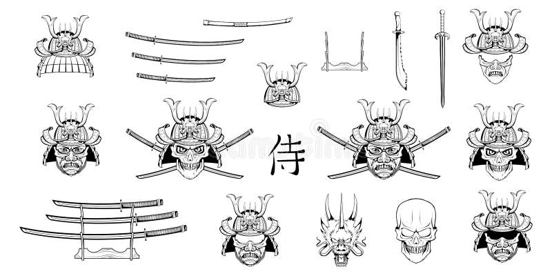 L'ensemble de différents éléments des samouraïs conçoivent - le masque samouraï, le casque, l'épée japonaise, l'épée de katana, l illustration libre de droits L'ensemble de différents éléments des samouraïs conçoivent - le masque samouraï, le casque, l'épée japonaise, l'épée de katana, l illustration libre de droits