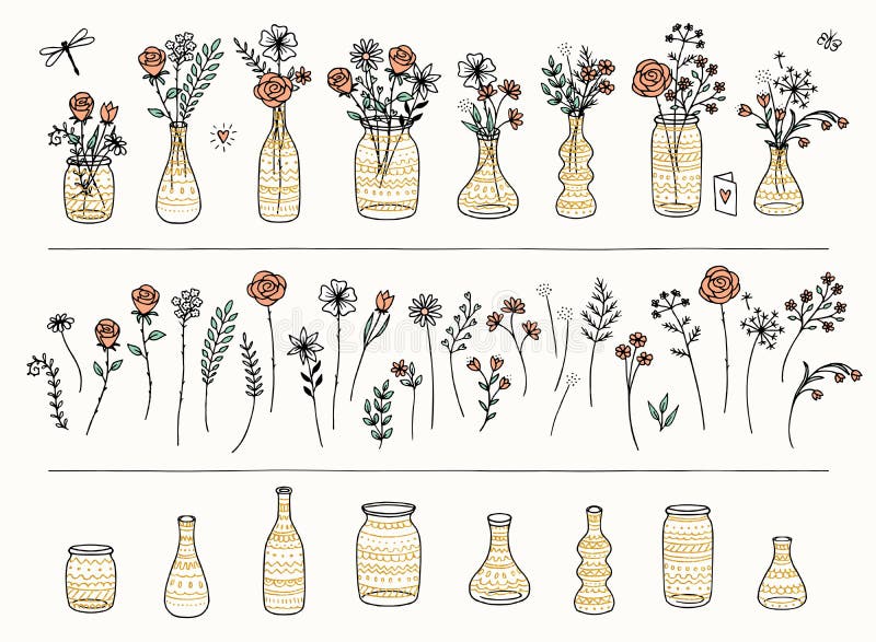 L'ensemble de fleurs et d'or tirés par la main a modelé des vases illustration stock L'ensemble de fleurs et d'or tirés par la main a modelé des vases illustration stock