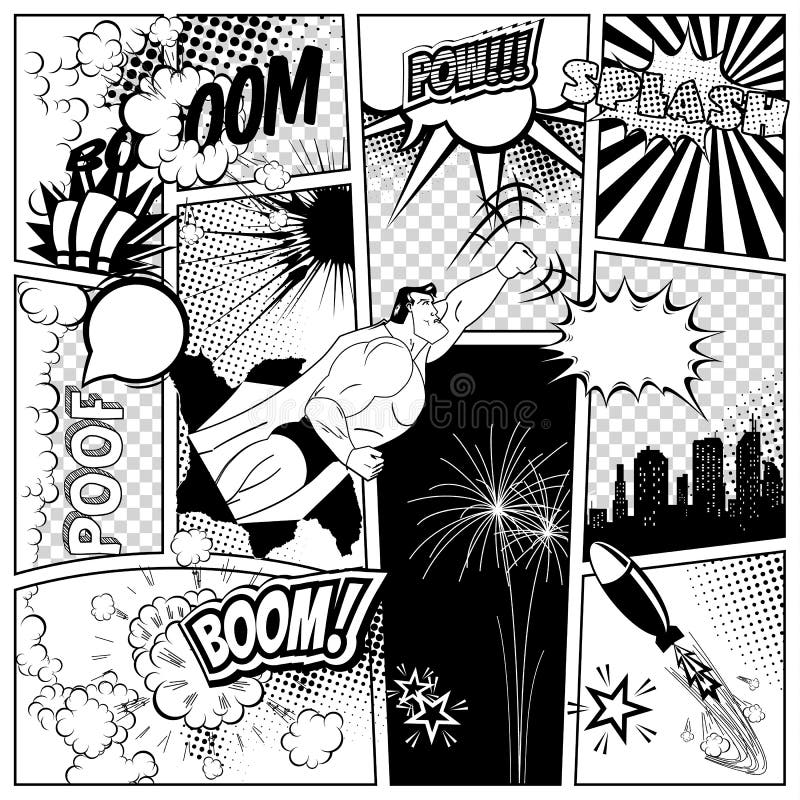 L'ensemble de la parole et d'explosion de bandes dessinées bouillonne sur un fond de page de livre Superhéros, fusée, feu d'artif illustration de vecteur L'ensemble de la parole et d'explosion de bandes dessinées bouillonne sur un fond de page de livre Superhéros, fusée, feu d'artif illustration de vecteur