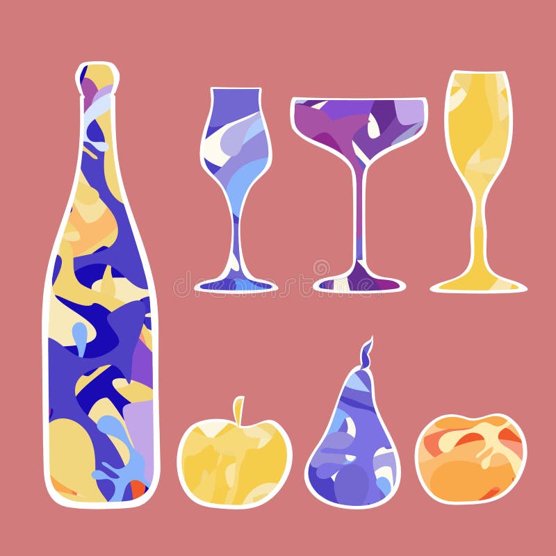 L'ensemble de nouvelle année de champagne et de fruit illustration libre de droits L'ensemble de nouvelle année de champagne et de fruit illustration libre de droits