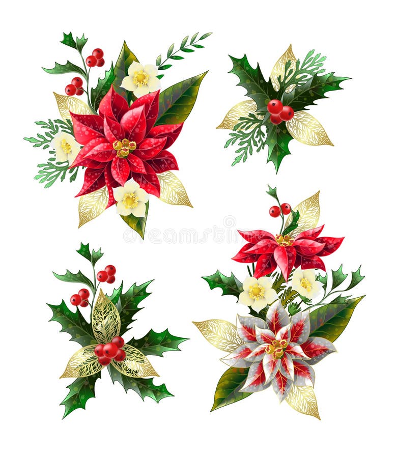 L'ensemble de Noël fleurit des bouquets avec les éléments d'or Vecteur illustration stock