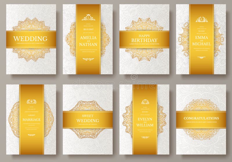 L'ensemble de pages artistiques d'or de luxe a placé avec le calibre de brochure de logo Identité d'art de vintage, florale, maga illustration libre de droits L'ensemble de pages artistiques d'or de luxe a placé avec le calibre de brochure de logo Identité d'art de vintage, florale, maga illustration libre de droits