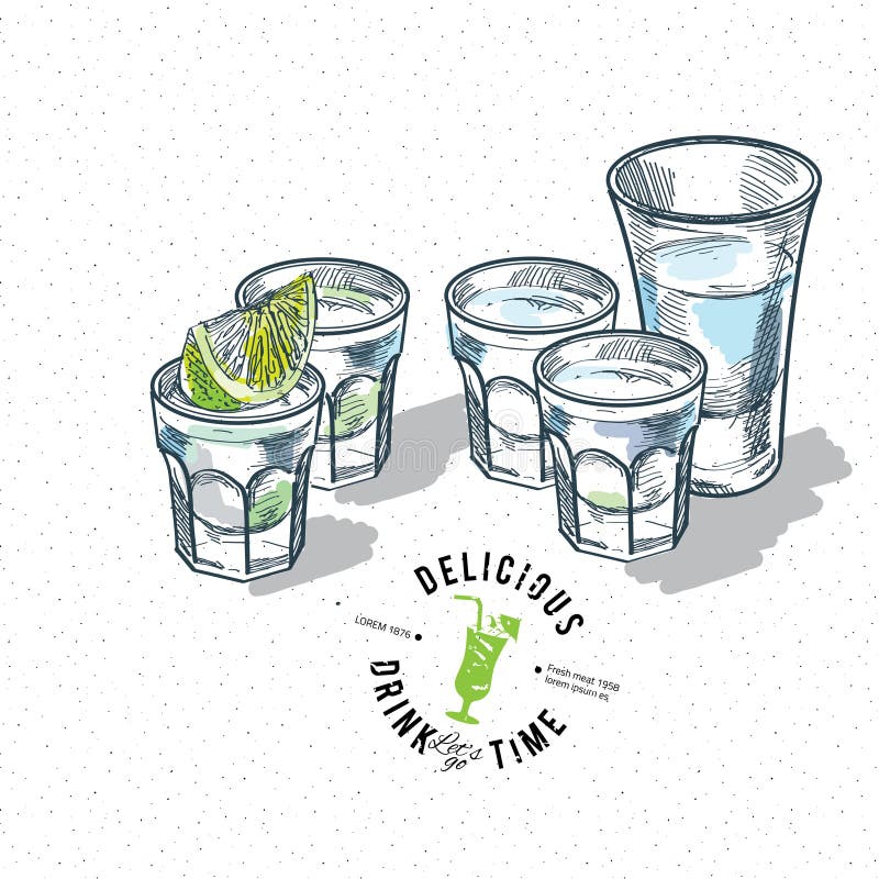 L'ensemble de tequila d'or a tiré avec des fruits de chaux sur le fond blanc illustration de vecteur L'ensemble de tequila d'or a tiré avec des fruits de chaux sur le fond blanc illustration de vecteur