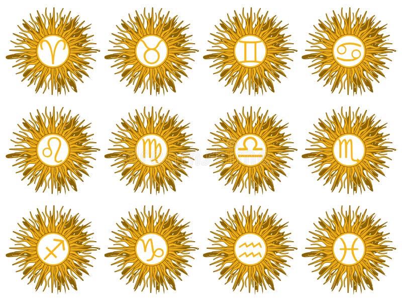 Illustration representing the twelve zodiac signs on a stylized sun that can be used as icons. Illustration representing the twelve zodiac signs on a stylized sun that can be used as icons