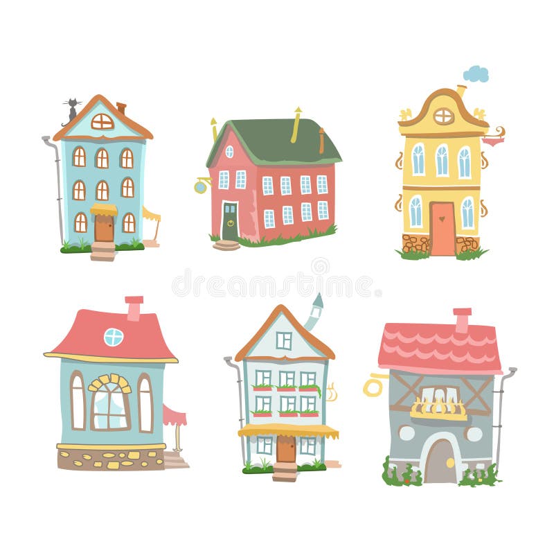 L'ensemble mignon de bande dessinée de maisons tirées par la main autoguident le bonbon illustration libre de droits L'ensemble mignon de bande dessinée de maisons tirées par la main autoguident le bonbon illustration libre de droits