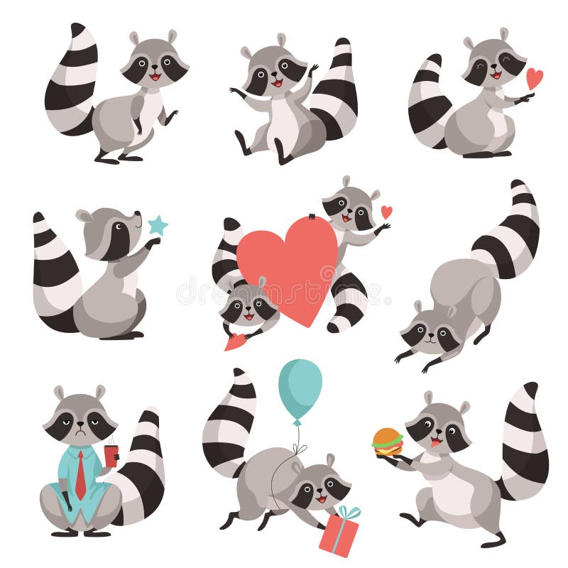 L'ensemble mignon de raton laveur, personnage de dessin animé animal drôle dans différentes situations dirigent l'illustration illustration stock L'ensemble mignon de raton laveur, personnage de dessin animé animal drôle dans différentes situations dirigent l'illustration illustration stock