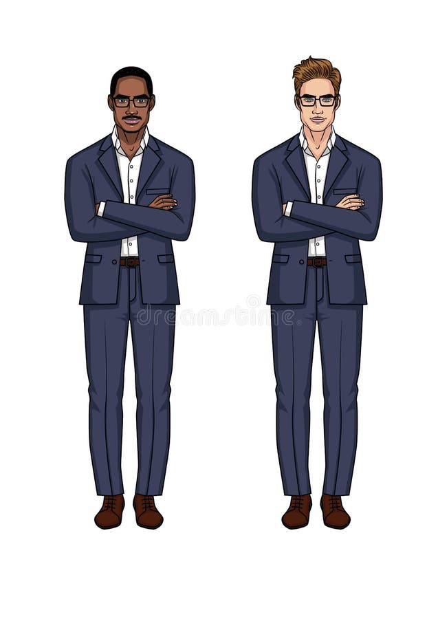L'ensemble moderne à la mode de deux hommes d'affaires de différentes nationalités avec des bras a croisé sur le coffre illustration stock L'ensemble moderne à la mode de deux hommes d'affaires de différentes nationalités avec des bras a croisé sur le coffre illustration stock